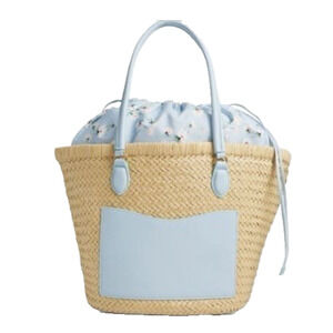 On 34th Isabellaa Straw Beach Tote Light Blue Natural Drawstring Bag NWT Large